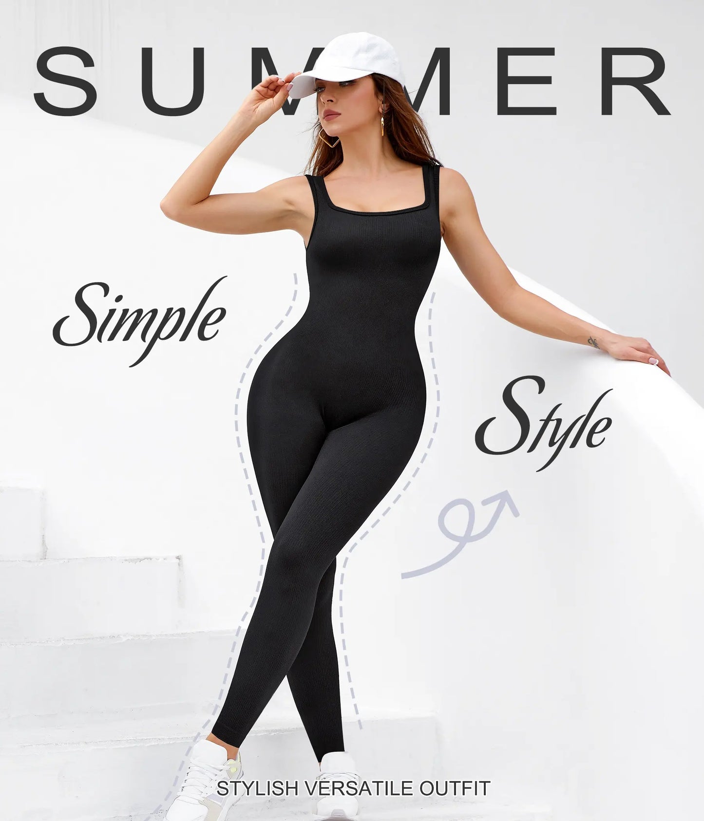 Womens One Piece Workout Jumpsuits Square Neck Tank Tops Rompers Ribbed Sleeveless Exercise Unitard Yoga Bodysuit