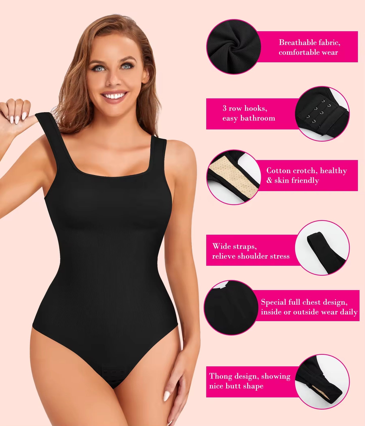 Sleeveless Square Neck Tummy Control Seamless Tops Compression Butt Lifting Shapewear Thong Bodysuits