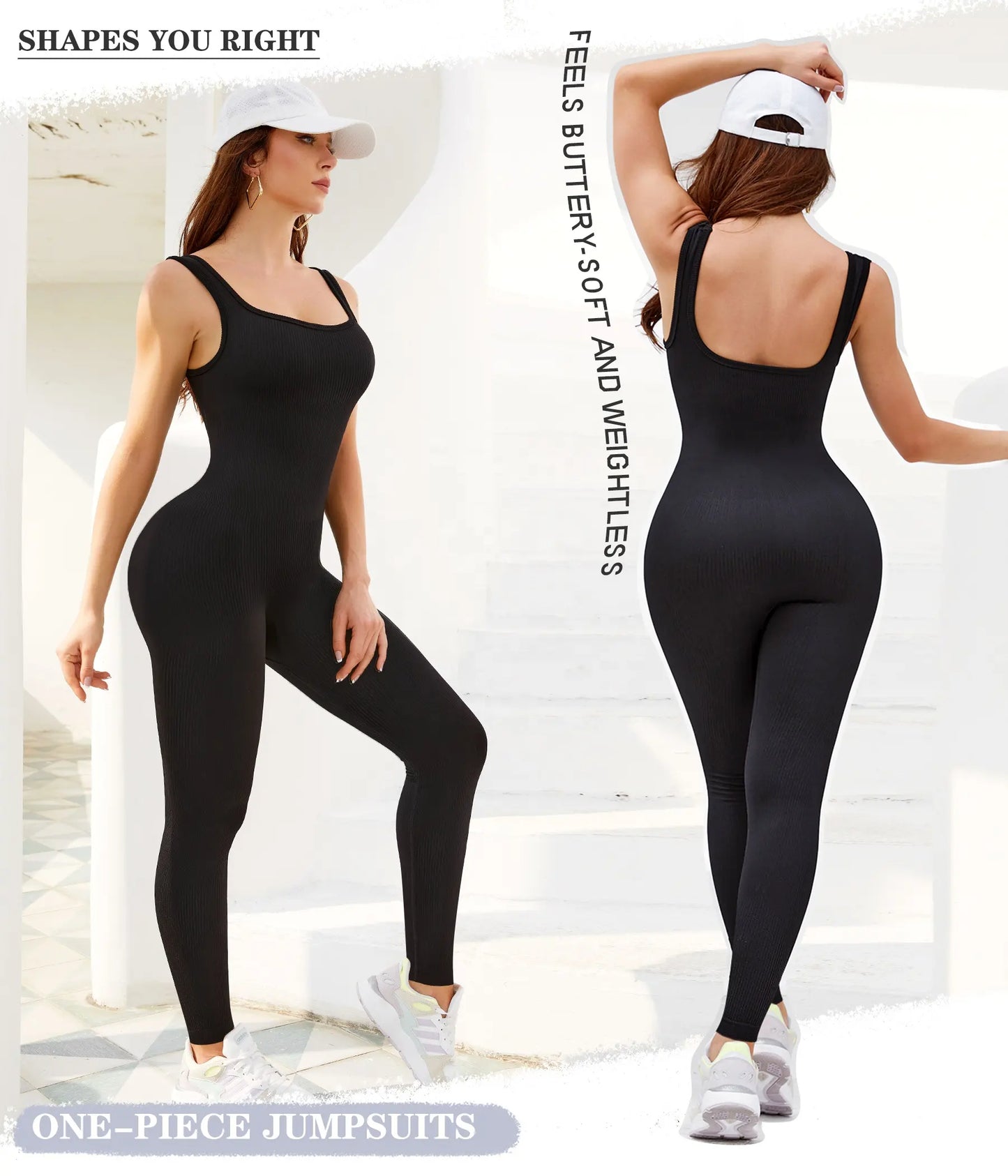 Womens One Piece Workout Jumpsuits Square Neck Tank Tops Rompers Ribbed Sleeveless Exercise Unitard Yoga Bodysuit