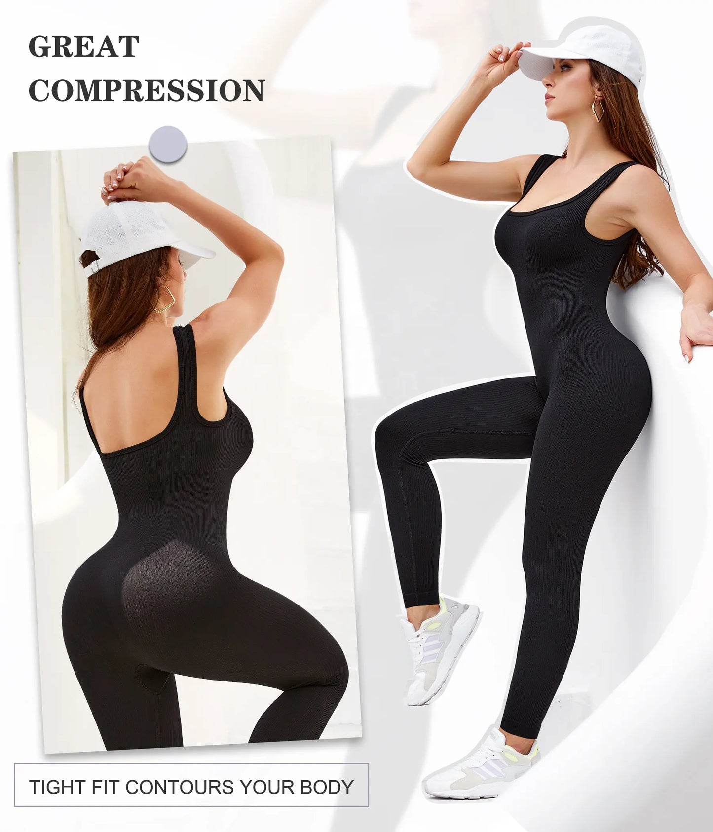 Womens One Piece Workout Jumpsuits Square Neck Tank Tops Rompers Ribbed Sleeveless Exercise Unitard Yoga Bodysuit