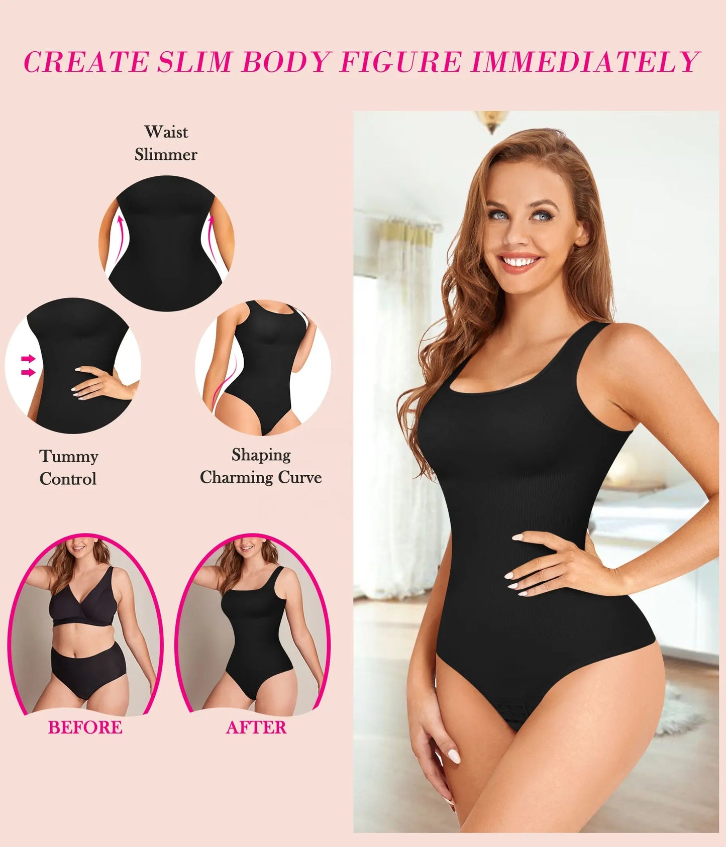 Sleeveless Square Neck Tummy Control Seamless Tops Compression Butt Lifting Shapewear Thong Bodysuits