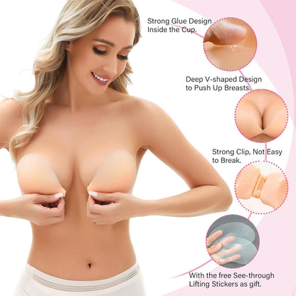 Dust-prevent Surface Seamless Thin Round Cup Strapless Adhesive Invisible Silicone Bra for Women