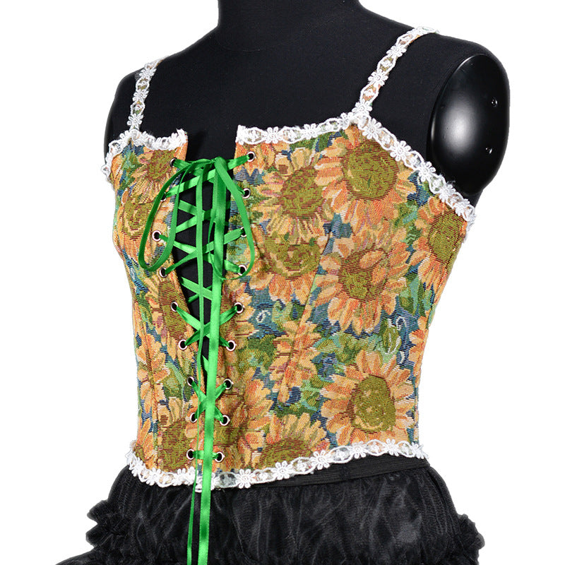 French Retro Oil Painting Jacquard Embroidery Camisole Fishbone Shaper Lace-up Bra Waist Trainer