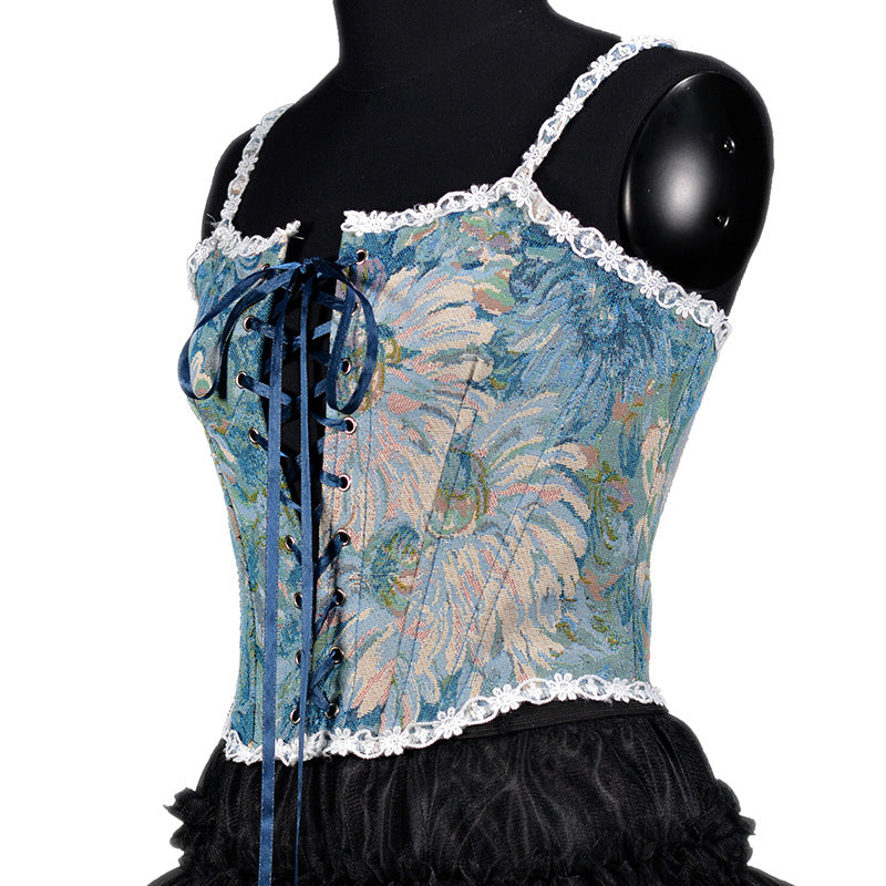 French Retro Oil Painting Jacquard Embroidery Camisole Fishbone Shaper Lace-up Bra Waist Trainer