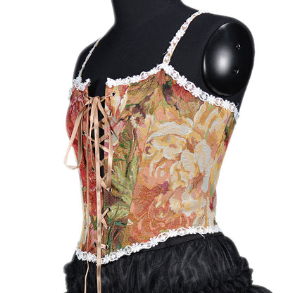 French Retro Oil Painting Jacquard Embroidery Camisole Fishbone Shaper Lace-up Bra Waist Trainer