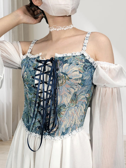 French Retro Oil Painting Jacquard Embroidery Camisole Fishbone Shaper Lace-up Bra Waist Trainer